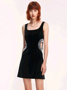 Cider Pearl Cut Out Velvet Mini Dress Black Square Neck Cocktail Party Size XL